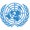 Blue logo for the United Nations, a globe flanked by branches of peace