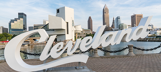 Skyline of the City of Cleveland, including the Rock and Roll of Fame