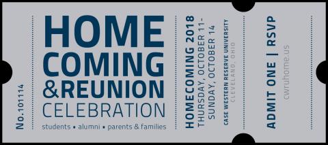 An invitation to CWRU's 2018 Homecoming celebration, October 11-13, 2018, that looks like an event ticket