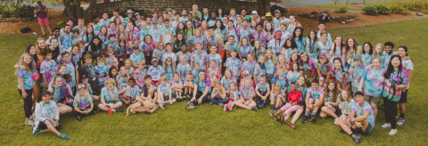 A group shot of the campers and volunteers of Camp Kesem, a free camp for children whose parents have been affected by cancer.