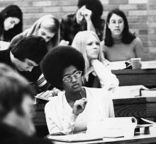 A group of students in class in the 1960s or 1970s