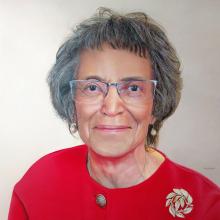 Painted portrait of Geneva Johnson, wearing glasses and red jacket with gold pin