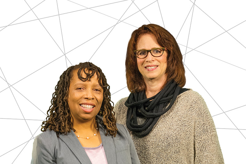 Sonja Siler, assistant professor of political science
at Cuyahoga Community College, and Molly Berger,
associate dean of CWRU’s College of Arts and Sciences.