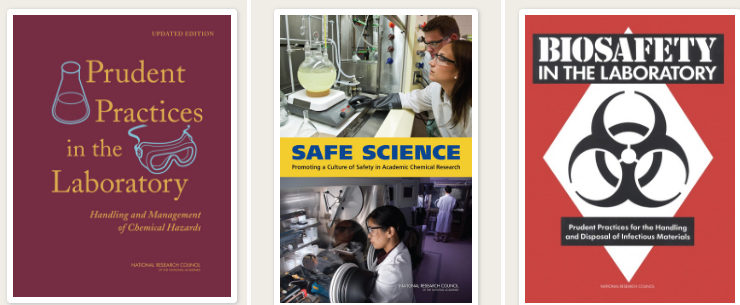 Three PDF book covers titled Prudent Practices in the Laboratory, Safe Science, and Biosafety in the Laboratory