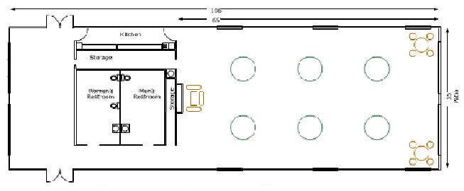 Ground floor November Meeting Center L: 106' W: 35' and 65' from front to kitchen 2 Storage rooms Womens and Mens restroom with six round tables 2 small round tables with chairs