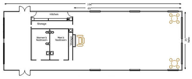 Floor plan of November Meeting Center, L: 106', W: 35', and 65' from front to kitchen, with Kitchen, two Storage rooms, Women's and Men's restroom, tables and chairs