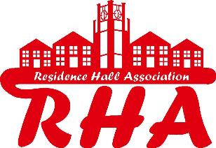 Logo for Residence Hall Association, RHA, with image of four buildings and clock tower in red on white background