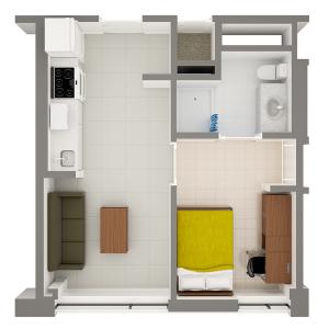 Stephanie Tubbs Jones Hall 1-Person Apartment Layout detailing rooms and furniture