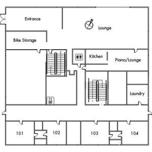 Smith House Floor 1 plan, room 101, 102, 103 and 104, with two restrooms, elevator, bike storage, kitchen, laundry, lounge, piano lounge, entrance, two stairwell and a northwest orientation.