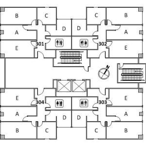 Clarke Tower Floor 3 plan, room 301 A,B,C,D, and E, room 302 A,B,C,D, and E, room 303, A,B,C,D, and E, room 304 A,B,C,D and E, with four restrooms, two stairs and a northwest orientation