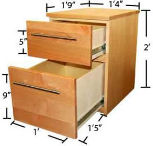 Village and STJ file cabinet with open drawers with dimensions 2' tall, 1'-9" long, 1'-4" wide, with drawers 1' X 9" X 1'-5", with 5" inner side