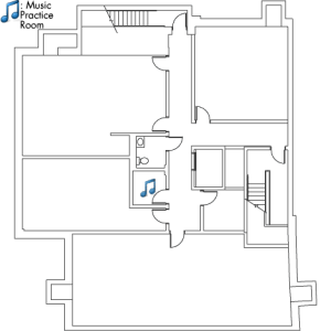 Village House 4 Basement plan with four large rooms, music practic room and two stariwell.