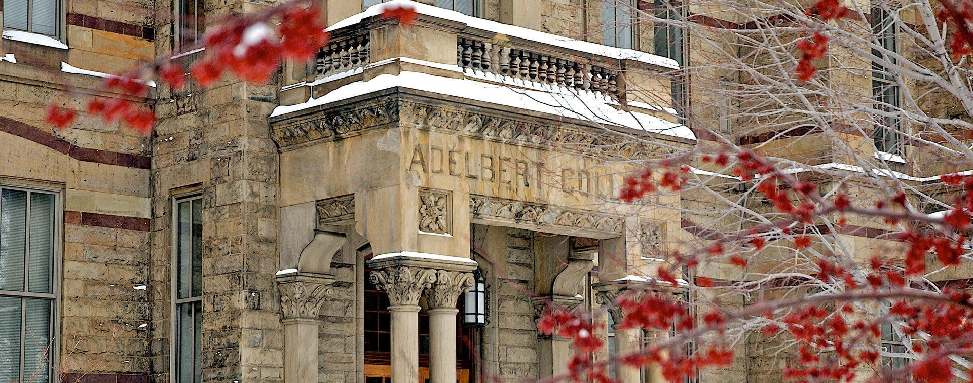 Exterior of CWRU Adelbert Hall in winter