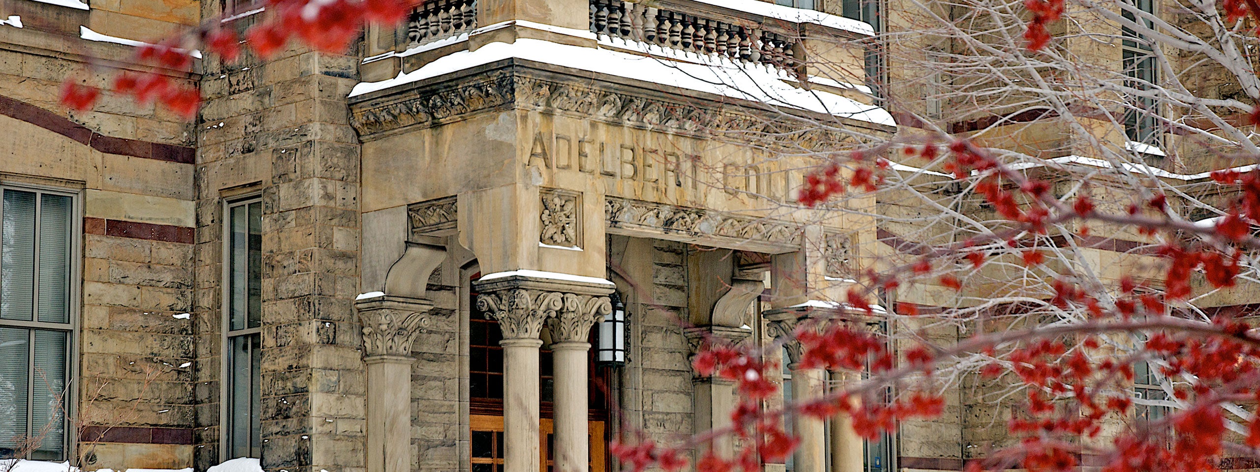 Exterior of CWRU Adelbert Hall in winter