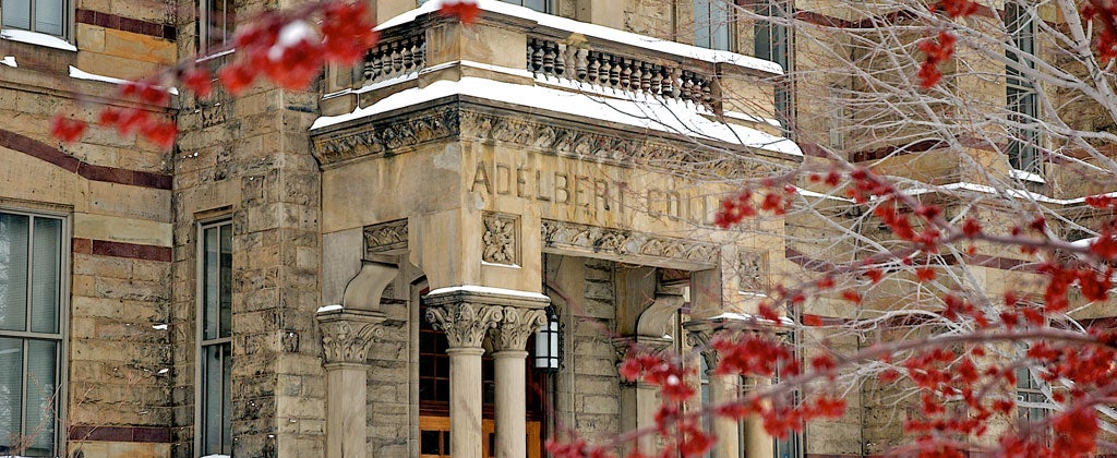 Exterior of CWRU Adelbert Hall in winter