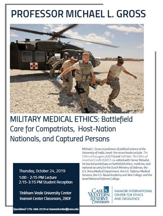 Flyer provides a brief description of the military medical ethics event being held at 1:00pm on 10/14/2019 in Tink room 280F.