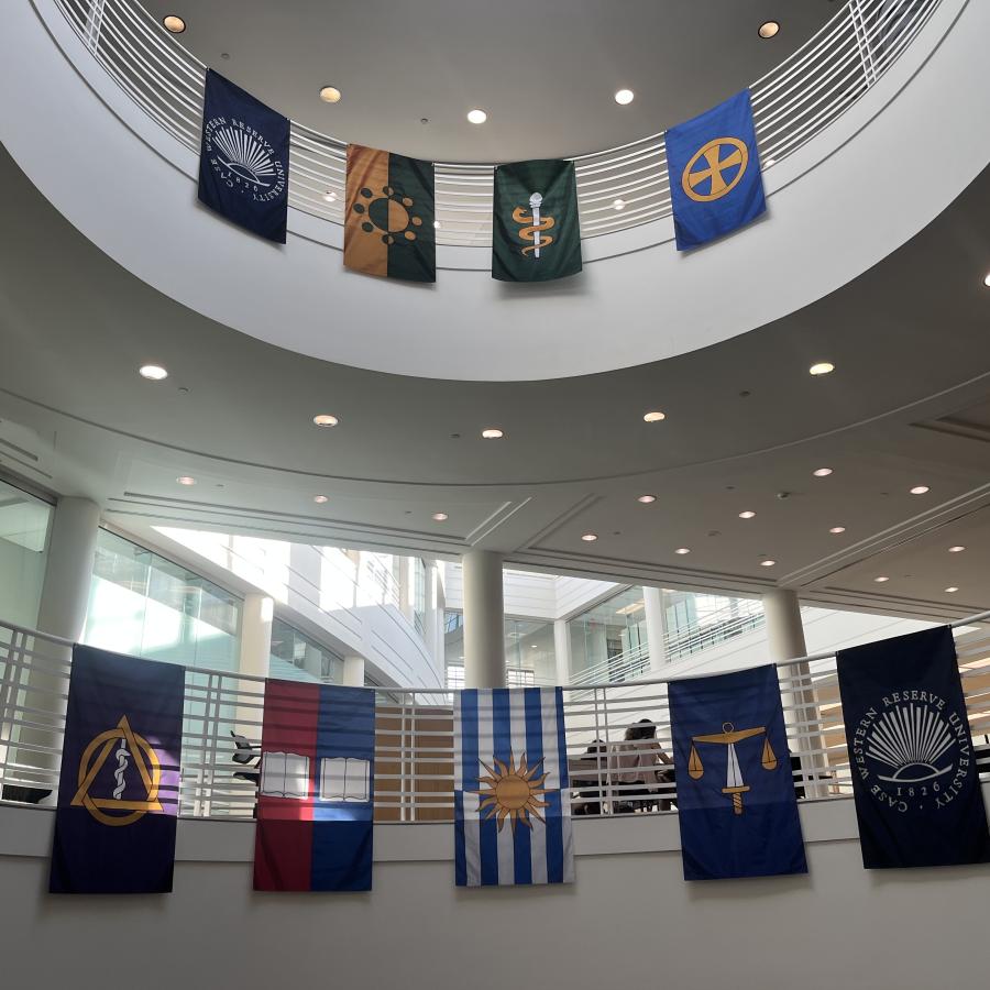 banners hanging from central stairwell