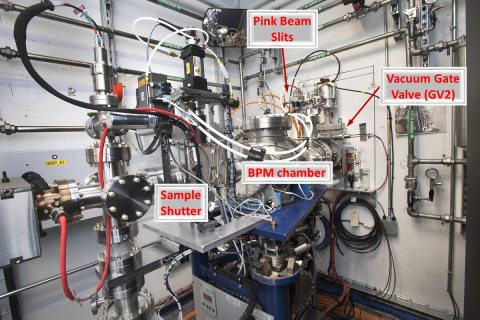The XFP PDS is contained in a large vacuum chamber, where beam proceeds from right to left, passing through a set of pink beam slits, a BPM, and can be blocked by a pneumatic sample shutter.