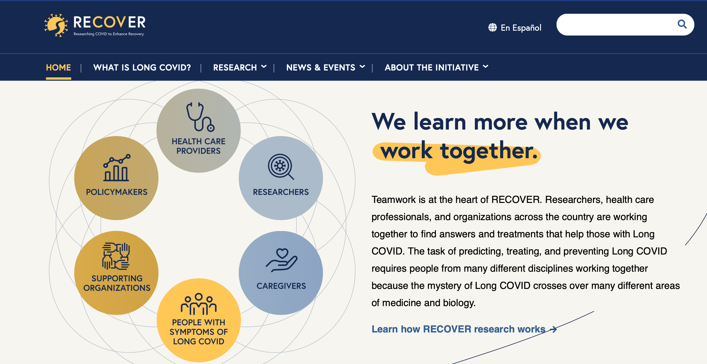 Screenshot of RECOVER network website