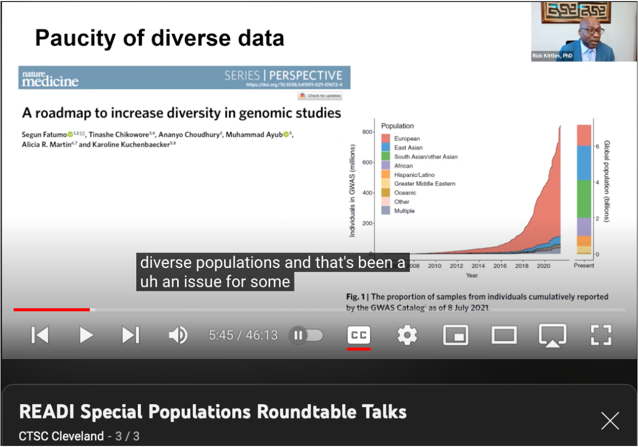 Dr. Kittles explains the paucity of diverse data using an example found in Nature Medicine about increasing diversity in genomic studies