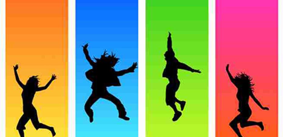 Silhouettes of people jumping with multicolored background panels.