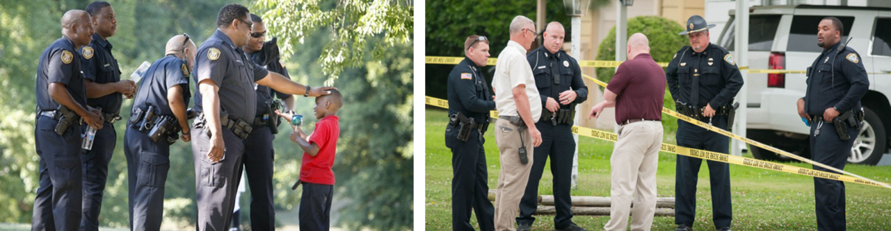 two images of law enforcement - officers interacting with a young boy, and officers interacting with two men