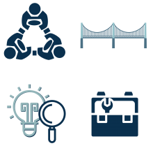 grid of four graphics, people in circle holding hands, bridge, lightbulb and toolbox