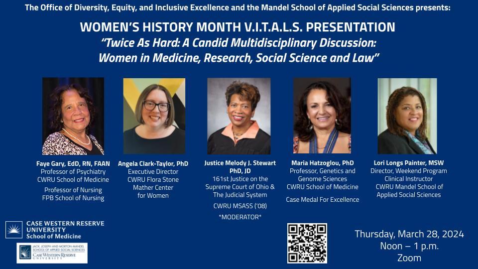 Women's History Month V.I.T.A.L.S. Presentation: "Twice As Hard: A Candid Multidisciplinary Discussion: Women in Medicine, Research, Social Sciences and Law" Event Flyer