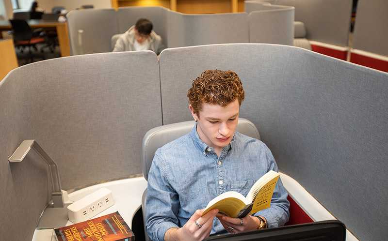 Photo of a Case Western Reserve University student reading in a cubicle