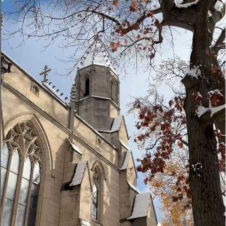 A snowy scene of the Church of the Covenant.