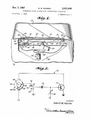 A black and white sketch of an windshield wiper patent filed by Robert Kearns