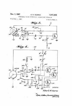 A black and white sketch detailing Robert Kearns' invention of the intermittent windshield wiper