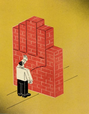 Artist drawing of a block man holding up his hand to a brick wall in the shape of his hand