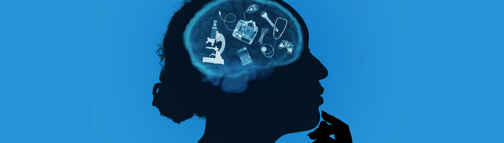 Photo illustration of the head of a person. The illustration includes an x-ray image of the brain and items inside the brain, such as a microscope and camera.