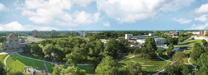 Panoramic outdoor photo of the new Nord Family Greenway at Case Western Reserve University, an open green space connecting the campus