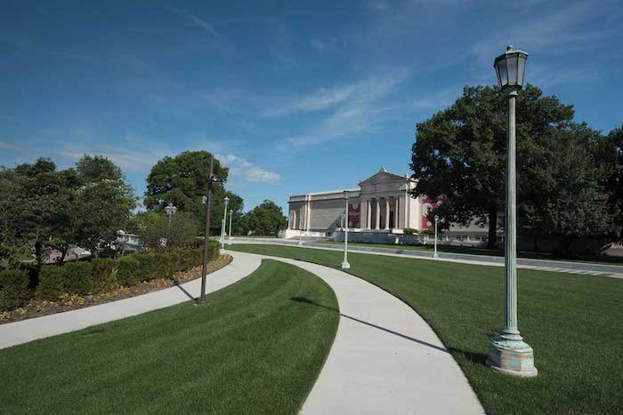 Close up of the front of the Cleveland Museum of Art from the Nord Family Greenway.