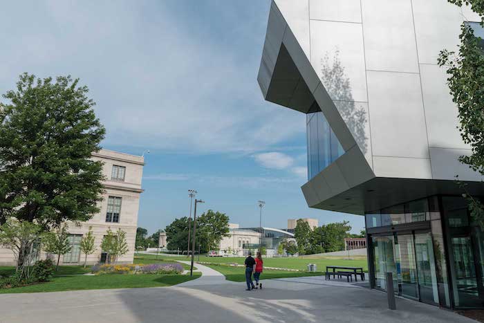 Close up of the entrance to Case Western Reserve University’s Tinkham Veale University Center at the eastern edge of the Nord Family Greenway.