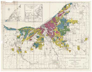 1940 map of the greater Cleveland area and its neighborhoods divided into green, blue, yellow and red sections.