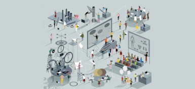 Illustration of the innovative process, including people whiteboarding, teaching, working in groups, building and more