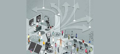 Illustration of the process of scientific discovery, including researchers, people working on computers, solar panels and more