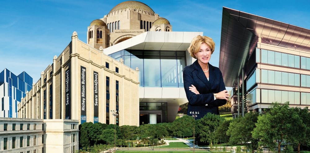 Collage image of Barbara Snyder surrounded by campus buildings