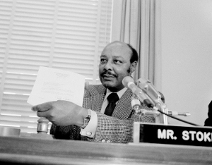 Black and white photo of Congressman Louis Stokes during 1977 U.S. House of Representatives committee meeting