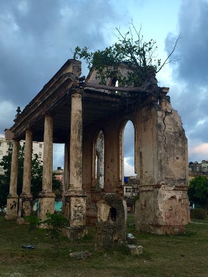 Abandoned, broken down building that has vegetation growing on it.