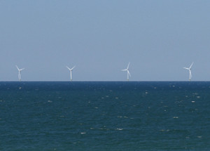 rendering of wind turbines in the distance in Lake Erie