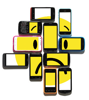 Many phones with screens forming a large yellow sad face
