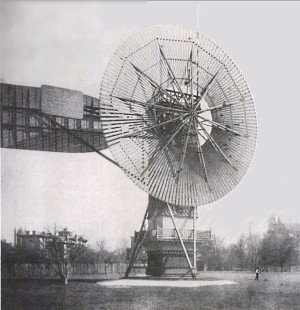 Black and white photo of a late 19th century wind turbine
