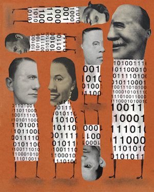 Illustration of people with heads and bodies made of binary code