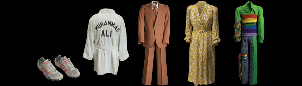Training robe worn by boxer and activist MUHAMMAD ALI at the 5th Street Gym, 1964; Track shoes worn by JACKIE JOYNER-KERSEE at the 1984 Olympic trials; Suit won by Sherman Hemsley as GEORGE JEFFERSON on the TV show The Jeffersons, 1975; Dress sewn by civil rights activist ROSA PARKS, 1955–1956; Stage costume worn by singer and musician JERMAINE JACKSON of the Jackson 5, 1972