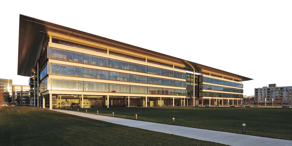 Early morning exterior view of the Samson Pavilion at Case Western Reserve and Cleveland Clinic's Health Education Campus