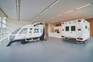 Helicopter and ambulance simulator space at Case Western Reserve and Cleveland Clinic's Health Education Campus